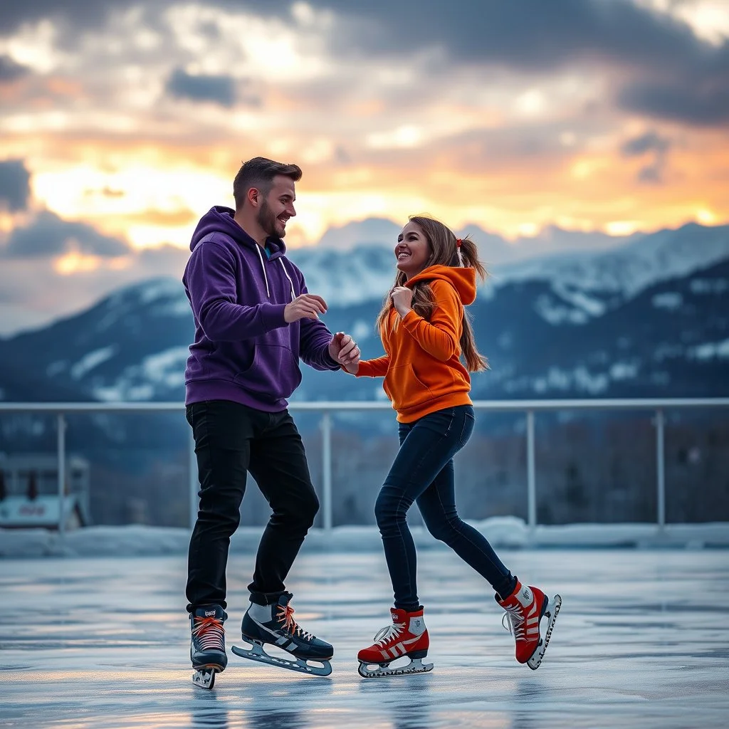 Hyper Realistic Romantic Couple (Handsome Muscular Man Wearing Purple Hoodie Smiling And Black Jeans With Woman Wearing Orange Hoodie And Navy-Blue Jeans Smiling And Both Looking At Each Other Romantically) And Both Wearing Skating Shoes Dancing On A Frozen Floor With Cold Breeze And Snowy Mountains At Cloudy Sunset Showing Dramatic & Cinematic Ambiance.