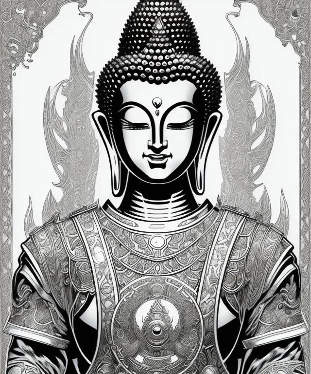 comic book line art, black and white, buddha, pencil and ink manga drawing, clean ink detailed line drawing