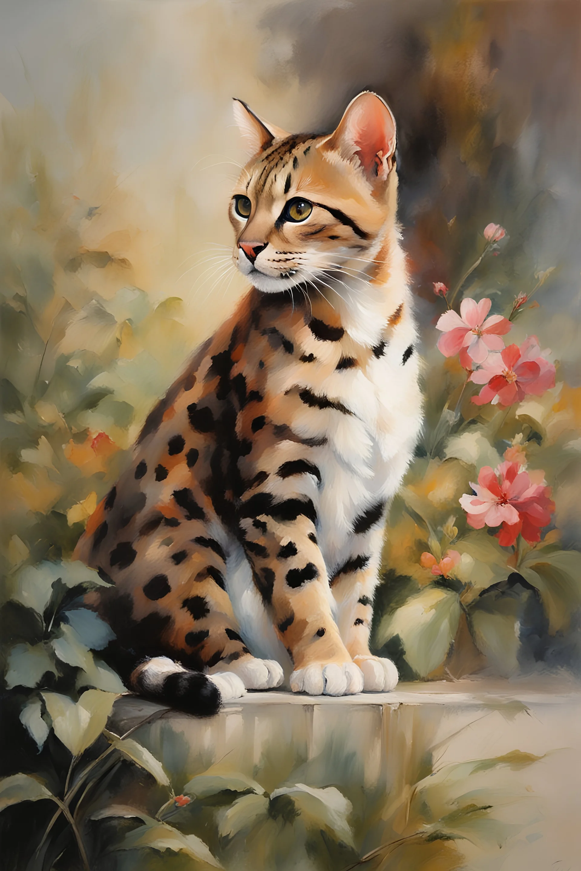 Masterpiece, best quality, Willem Haenraets style painting of a portrait of a Asian Leopard Cat cat in the garden, painted by Willem Haenraets