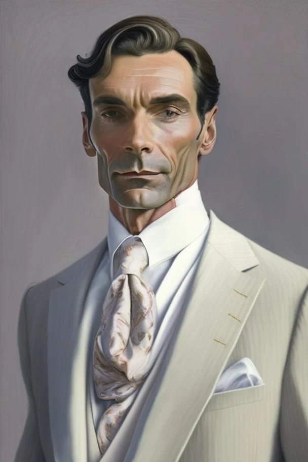 Man in his 40s, thin, clean-shaven; he wears and Ivory double-breasted suit and a silk scarf of the same color; careful look
