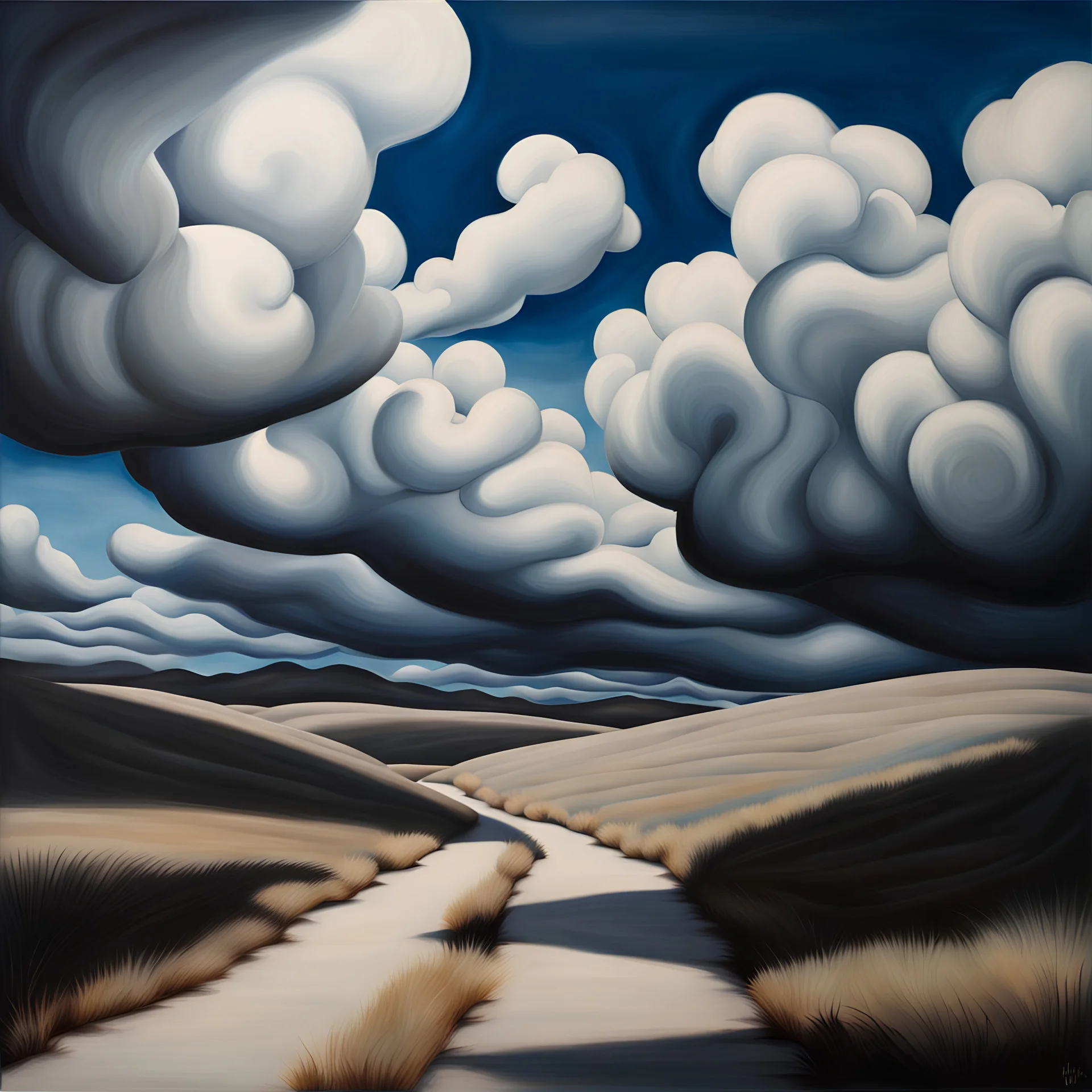 Landscape with nonsense forms, sharp focus, white, blue, shadows, creepy, photorealism, clouds, sky