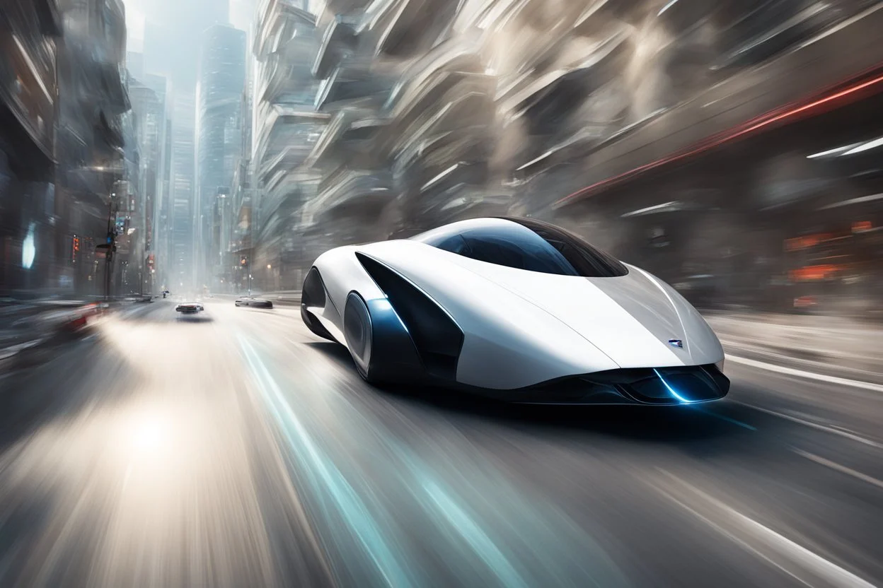 A sleek air car, flying down a futuristic street