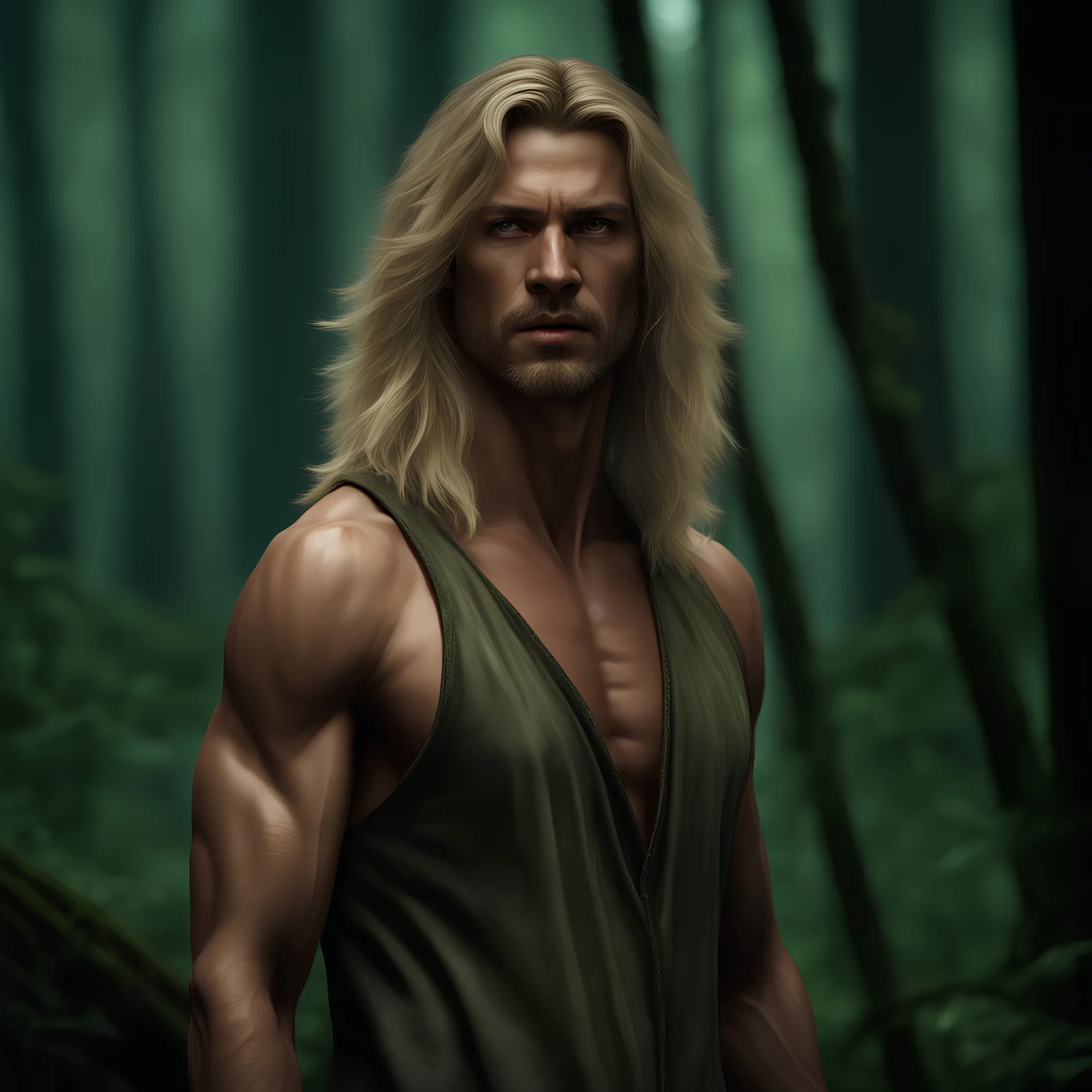 Tall muscaler man aged 35 with light shaggy hair which falls around his shoulders, blonde neatly trimmed beard, photorealistic, dark fantasy, forest.