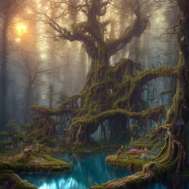 high-quality, fine-detail beautiful, breath-taking forest with gnarled trees, flowers, clear reflective lake, tranquil, stunning, 8k resolution, intricate, digital art, detailed matte, volumetric lighting, George Grie, Anne Dittman, Anne Stokes, Lisa Parker, Selina French, Alphonse Mucha