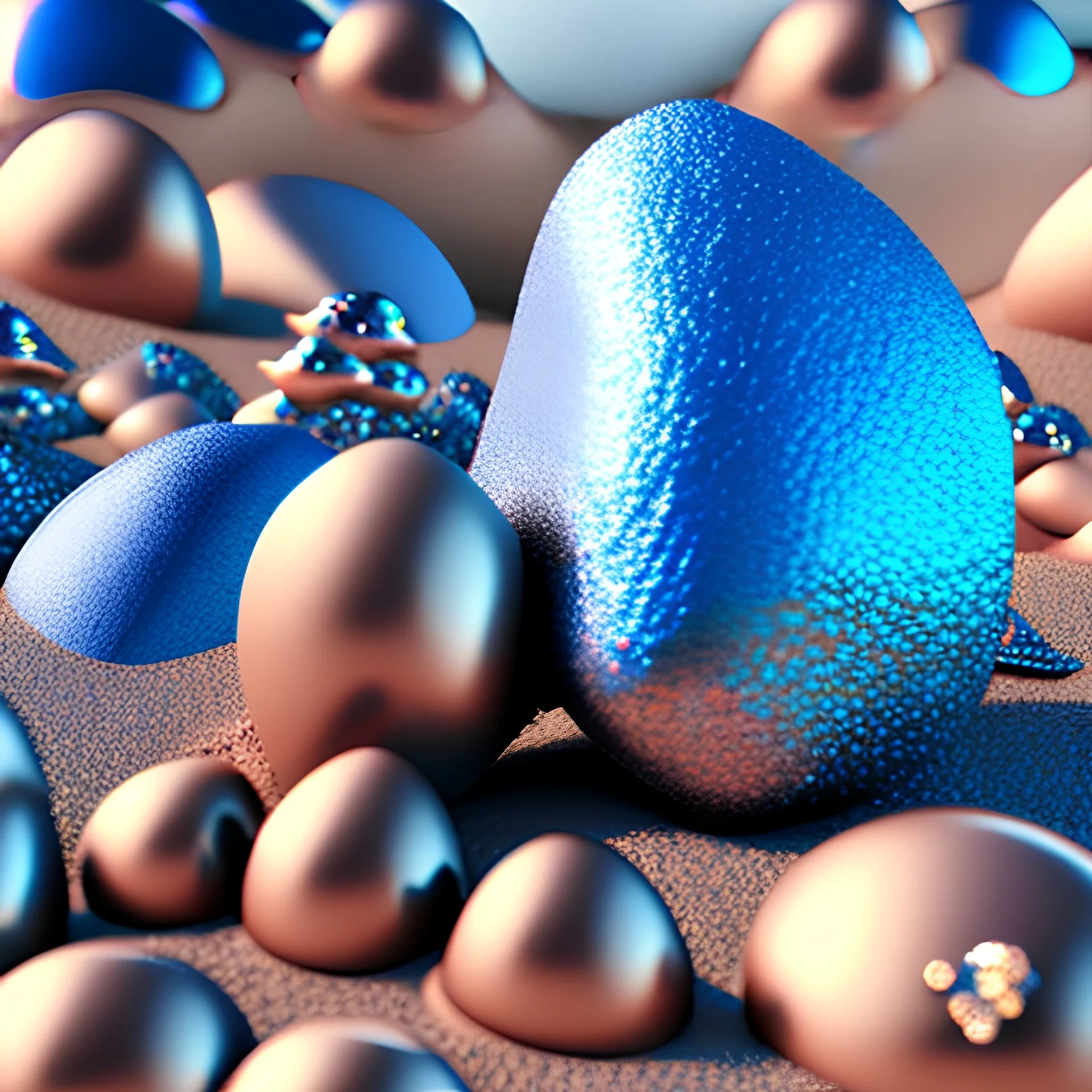 Wonderful pebbles, 30mm photography, 8k, 3d, sharp focus, Yves Tanguy, Max Ernst, Audubon, Amano, cinematic, photorealism, ZBrush, volumetric light, octane render, sparkles, blue eyes, surreal