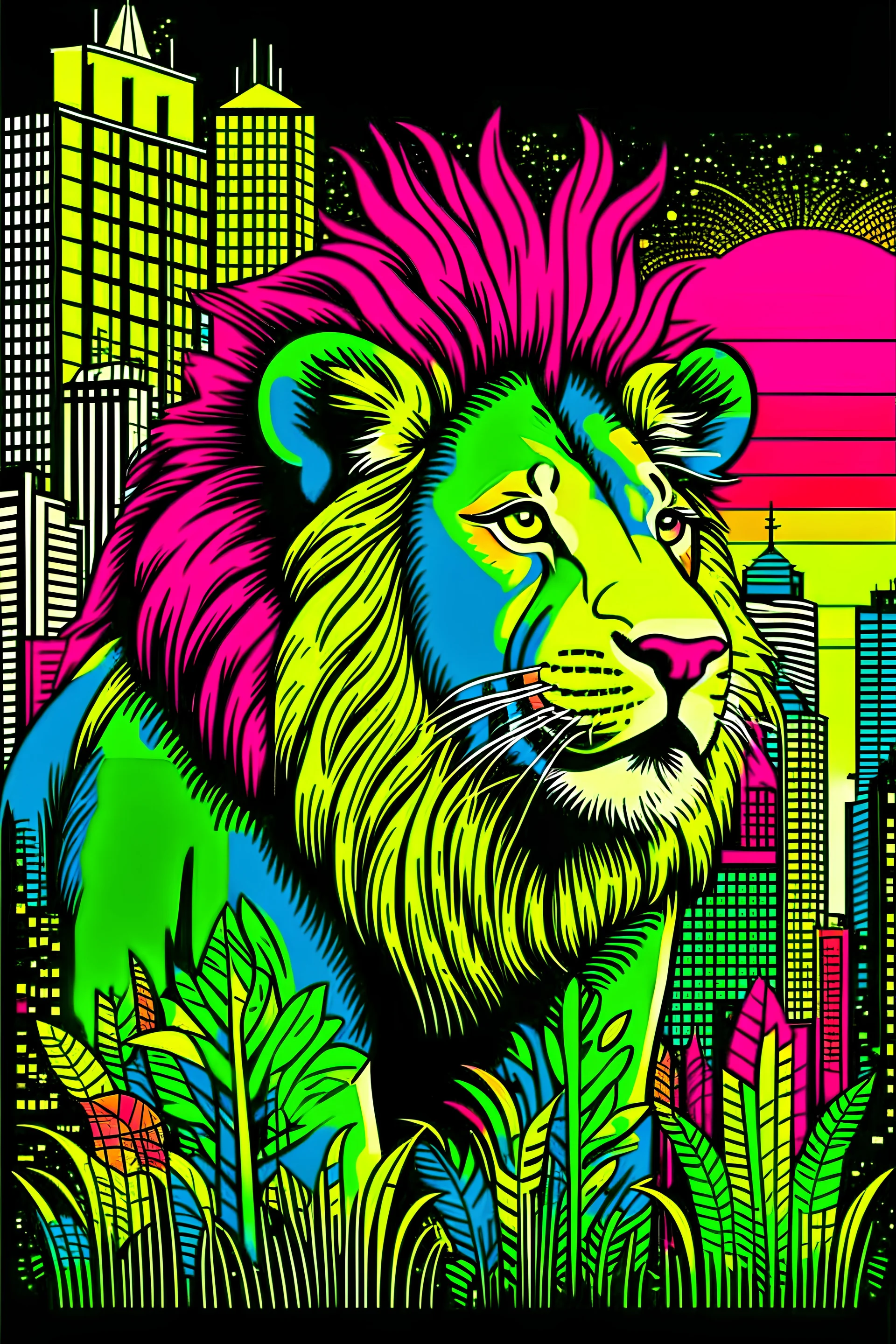 pop art, city, jungle, lion