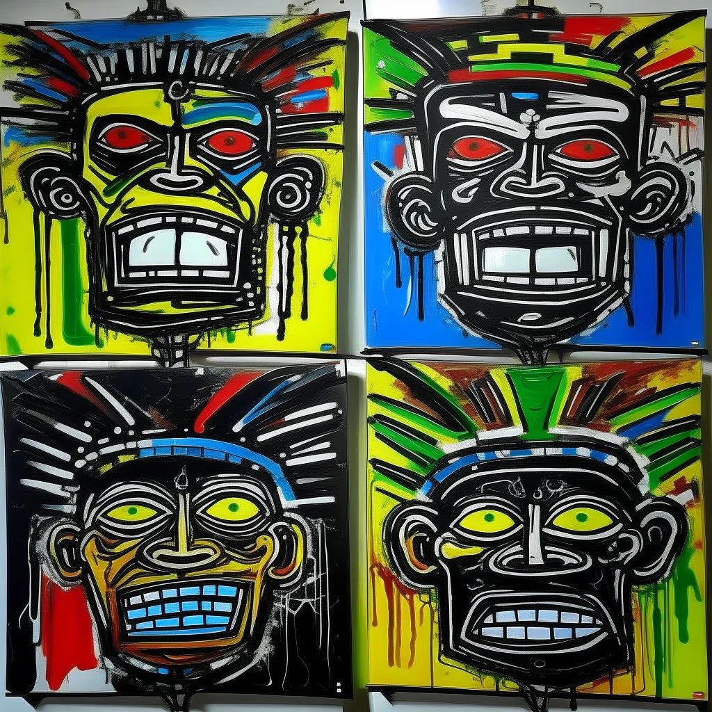 5 angry grotesque faces, by Jean-Michel Basquiat, acrylic painting