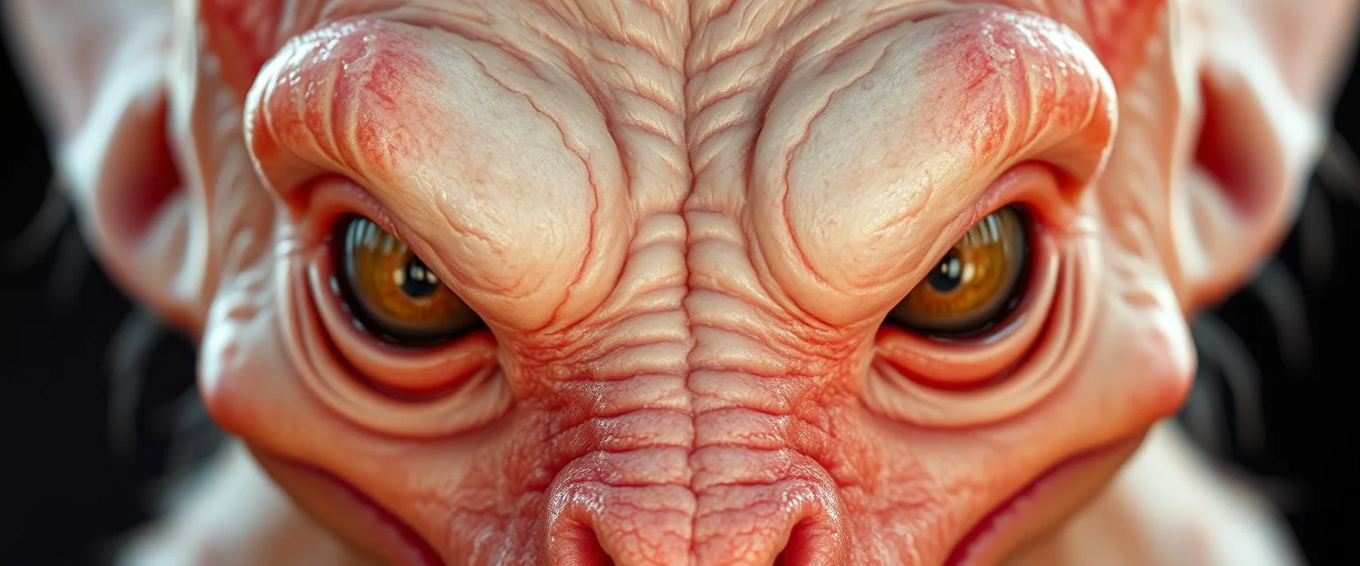 close up portrait with smooth grainy skin fine pores and real skin texture, clear transparent skin, wise eyes, hairy macho kobold disco albino limbo