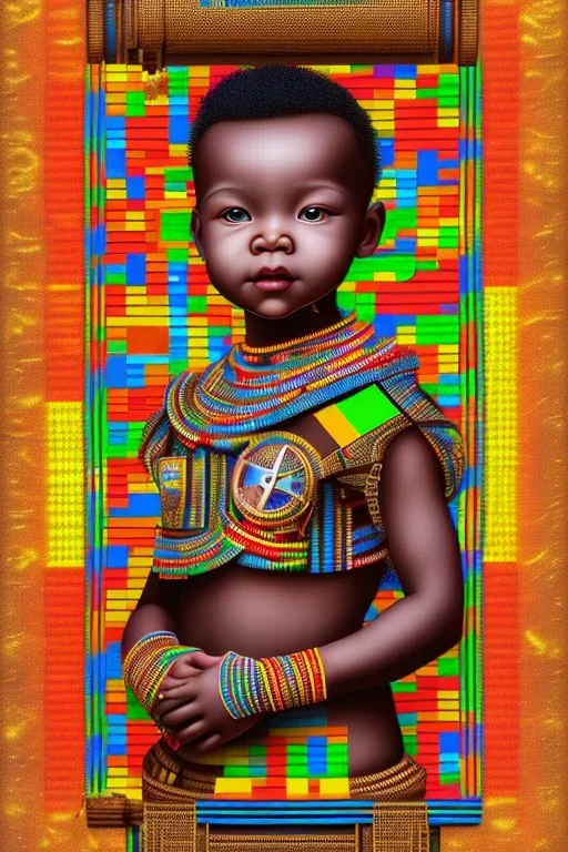 futuristic baby portrait in Kente, rusted clocks eyes, cinematic, scaffolding, ghana flag, african pattern symbols, engraved, 8k quality