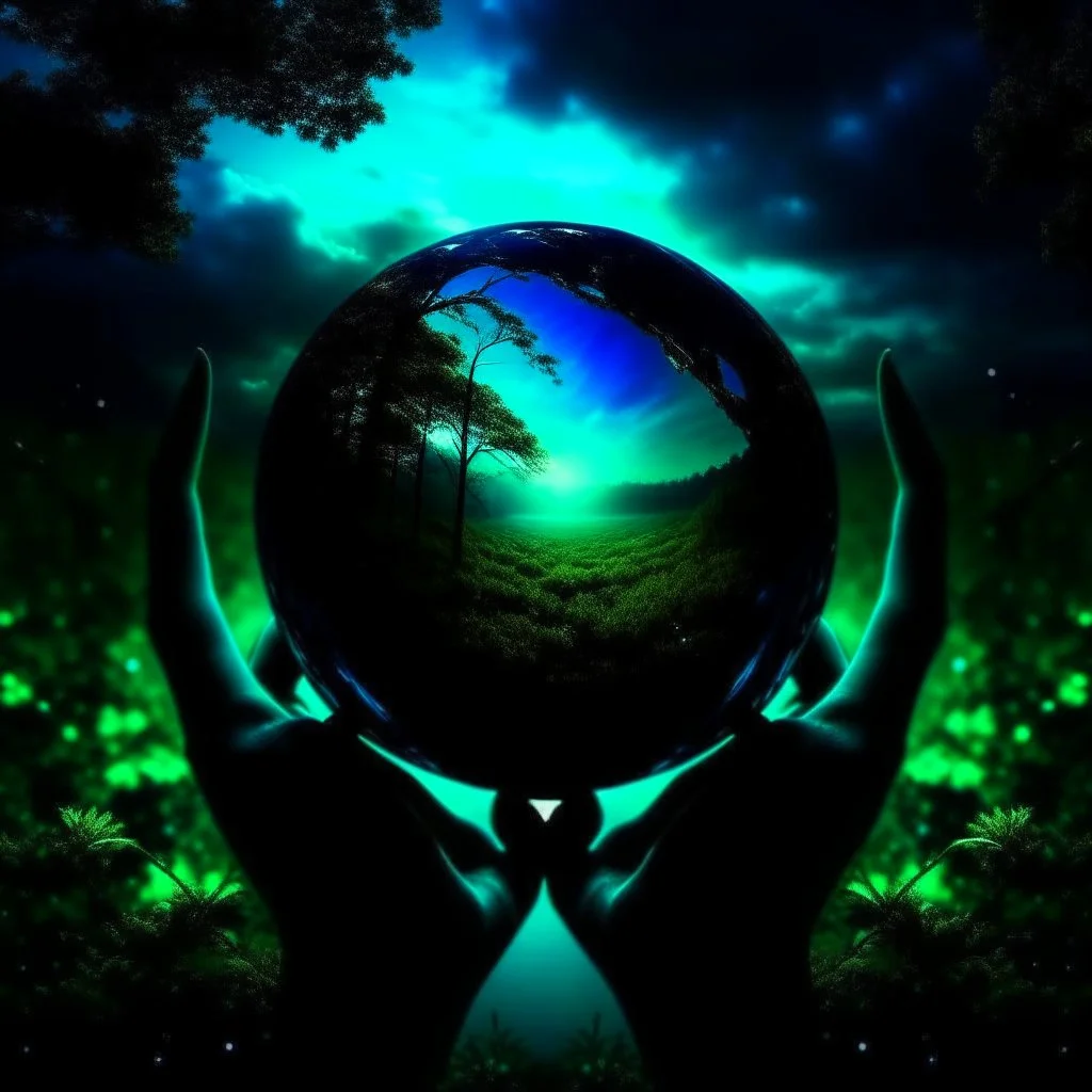 promise the world, dark green and blue colors, fantasy atmosphere, photo quality