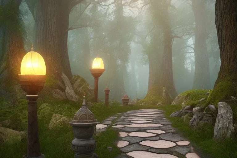  stone path lanterns forest