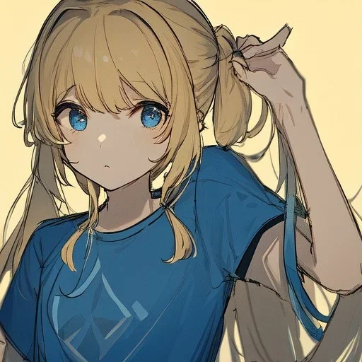 Clear focus, High resolution, rough line sketch art, cute, cartoon, dark blonde hair, two pieces of hair on the left side, parted nice, long locks, short ponytail behind head, blue eyes, teen, 1girl, (solo), wearing a blue shirt with a white sword on it