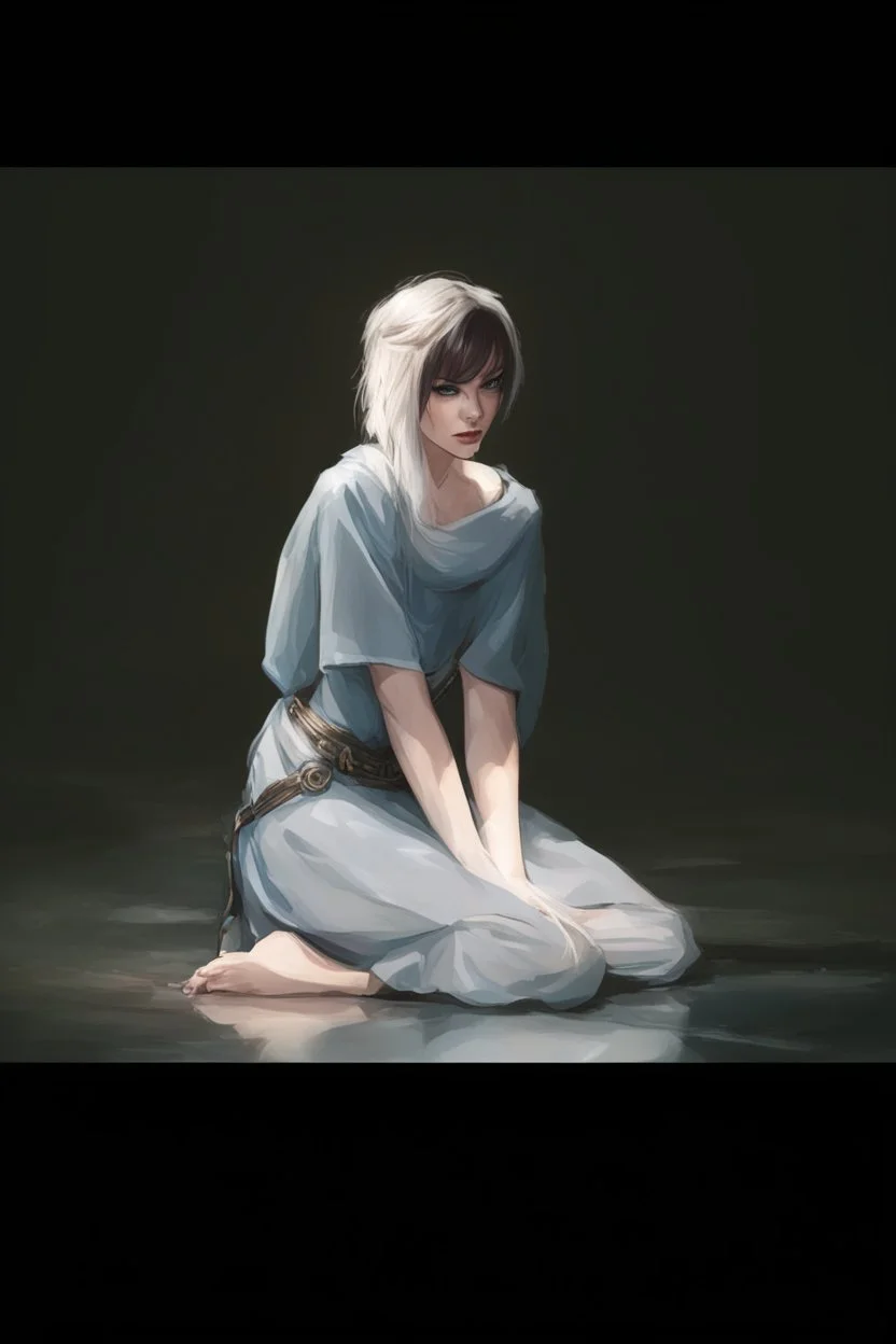 Dnd character on her knees. A female Aaismar twilight cleric with white hair and blue eyes, wearing gray robes. Etreal, beautiful, sexy