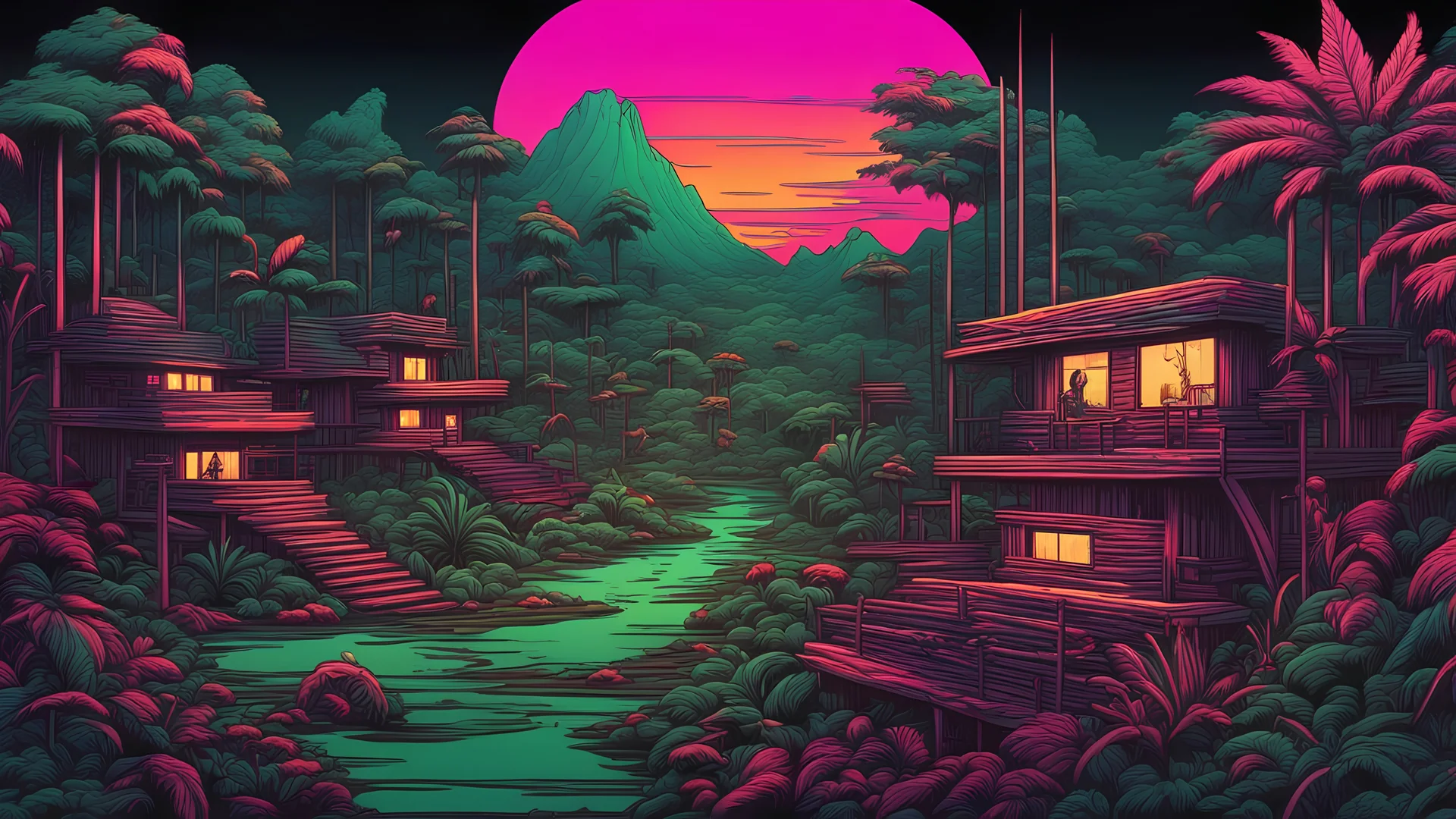comic style, 80's landscape, wooden city in the jungle, negative space, space quixotic dreams, temporal hallucination, psychedelic, intricate details, sunset neon colors with a lot of green and deep black background, 4K, very high contrast, chiaroscuro