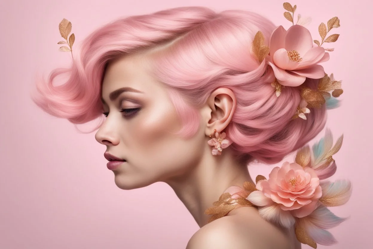 русалка, короткие волосы, а по бокам аксессуар виде цветов, палитра хвоста розово золотая, нежные пастельные цвета, красивая, нежная