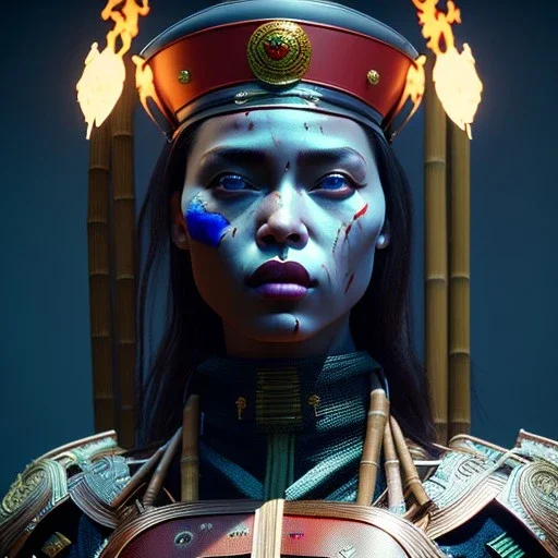 Latin woman, rounded face, blood, black, blue, red, samurai helmet, decorative color feathers, retro, bamboo, leather, soft color, highly detailed, art stations, concept art, smooth, unreal engine 5, god rays, ray tracing, RTX, lumen lighting, ultra detail, volumetric lighting, 3d, finely drawn, high definition, high resolution.