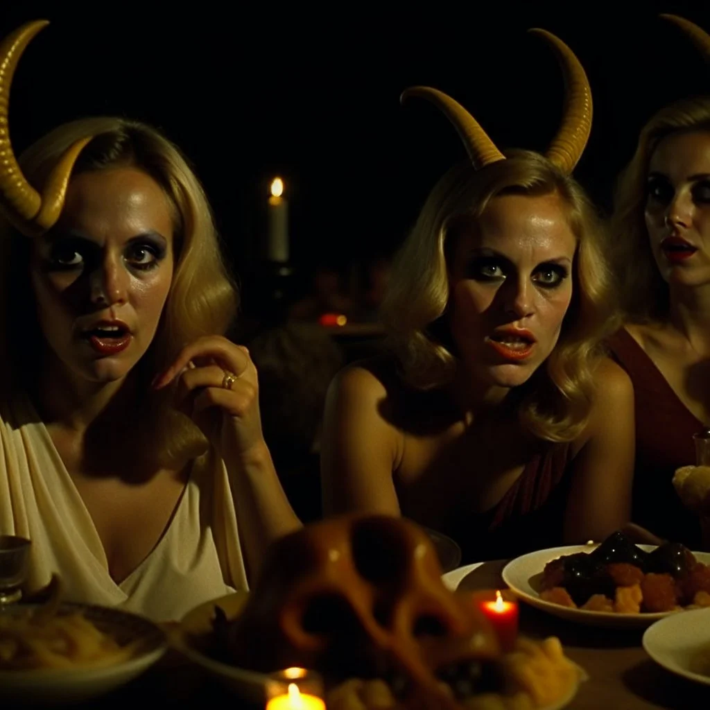 Horror movie shot, spooky, horns, hot, ultra realistic, dine, they enjoy and get excited, ultra realistic hot blonde women, party, extremely vivid, pieces of organs, dynamic, very excited people, 1970's, Dario Argento, hypermaximalist figures, light, Italian horror movie, sinister, ornate, 4k, photorealism