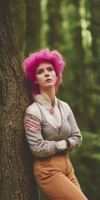 portrait of a very beautiful lady setting in the tree, nice posture, details, texture, brown eyes, freckles, white hair, dangerous, playful, mountains, nature, flowers, fire, street style, 80s fashion, retro, classic, casual, Queen Catherine , magenta, aqua, abstract