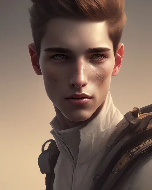 male, boy, cute, young, brown hair, brown eyes, freckles,, head and shoulders portrait, 8k resolution concept art portrait by Greg Rutkowski, Artgerm, WLOP, dynamic lighting hyperdetailed intricately detailed Splash art trending on Artstation triadic colors