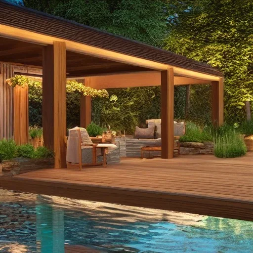 a gorgeous, stunning garden deck with wood walls and rustic floor, wicker furniture, tranquil pool surrounded by smooth stones, lit candles, plants, cozy, 8k resolution, high-quality, fine-detail, zen-like, cozy, digital art, detailed matte, volumetric lighting, illustration, 3D octane render, brian froud, howard lyon, selina french, annie stokes, lisa parker, greg rutowski