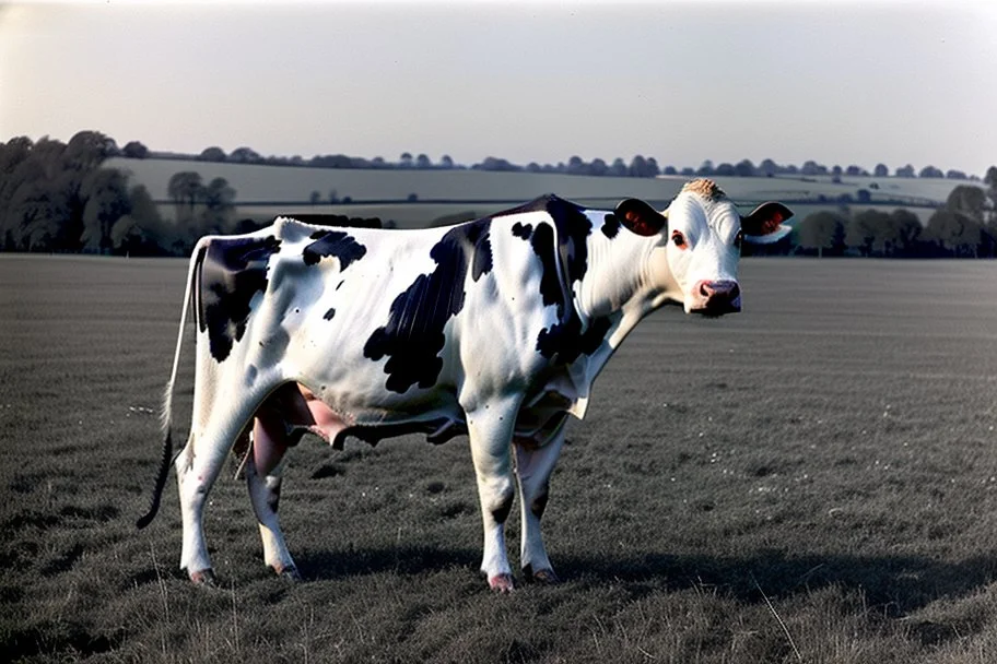 A cow sit on an vittorian armchair in large field, shooted by Cartier-Bresson