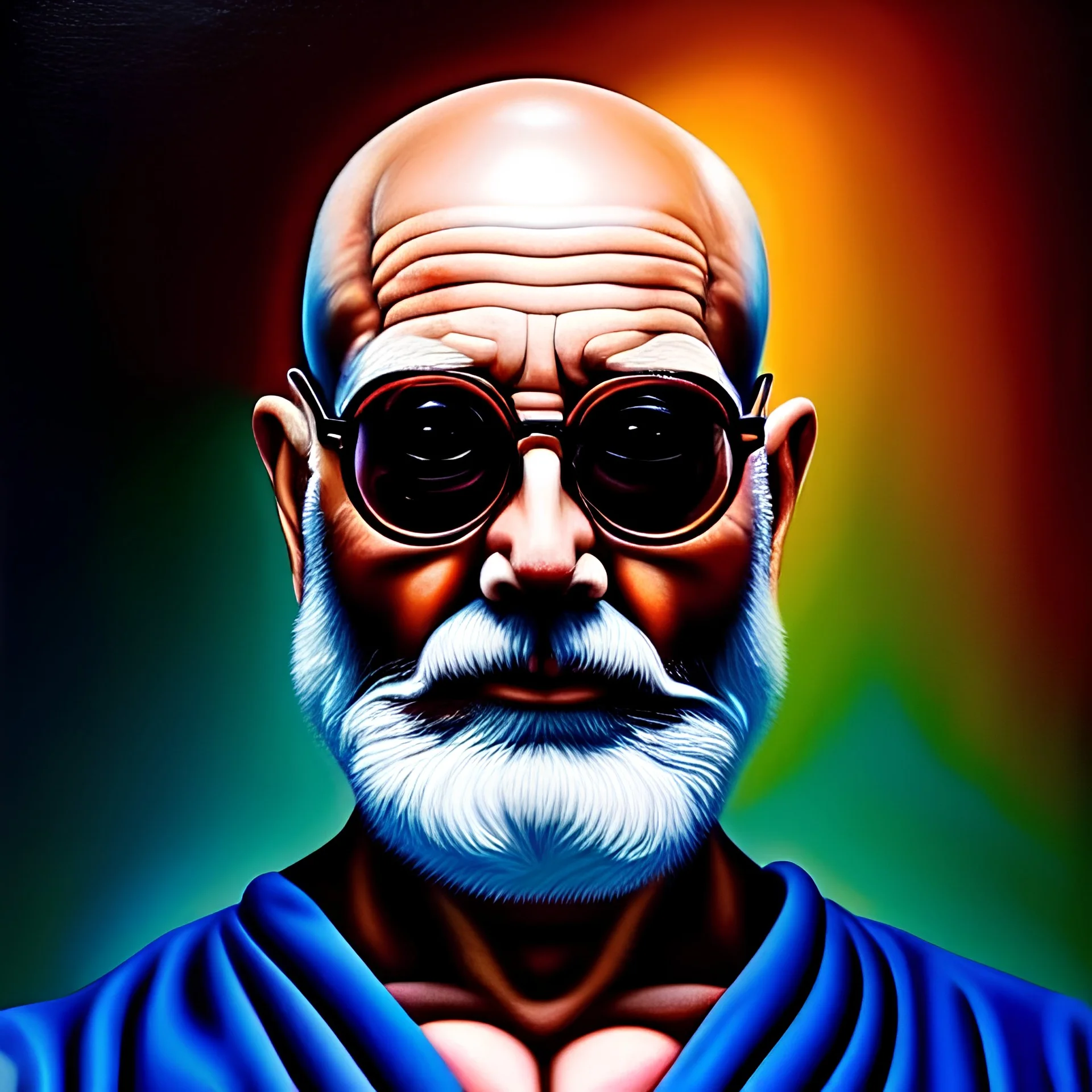 Ultra detailed fullbody Portrait in oil on canvas of Master Roshi ,extremely detailed digital painting, extremely detailed face,crystal clear Big glowing eyes, mystical colors ,perfectly centered image, perfect composition, rim light, beautiful lighting,masterpiece,8k, stunning scene, raytracing, anatomically correct, in the style of robert e howard and Wizyakuza and Ohrai Noriyoshi and Simon Bisley and uncannyknack