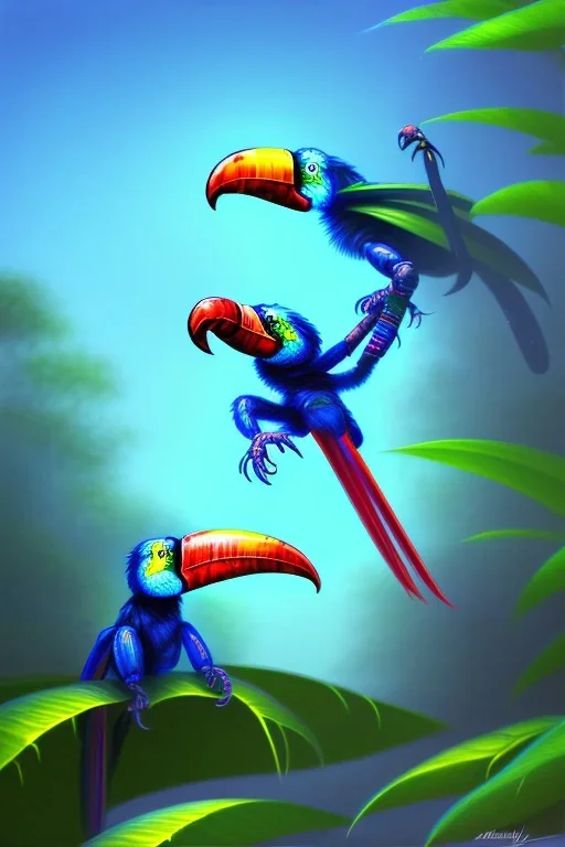 blue spider fighting a toucan, Neo-Impressionism, trending on artstation, jungle setting, soft pastel colors, mystical