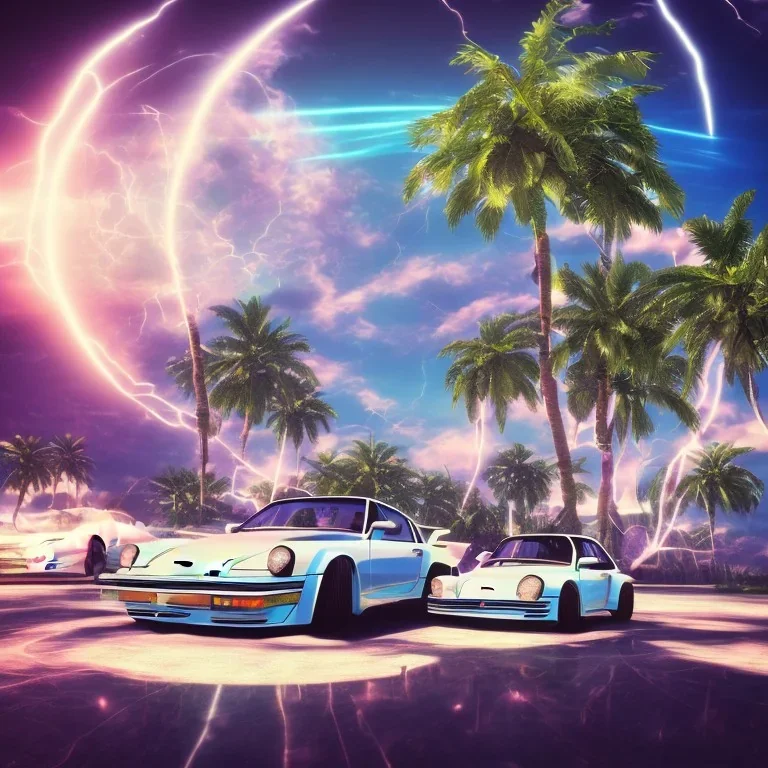 1980's aesthetic vaporwave palm trees and spheres and Porsche with lightning on fish eye filter