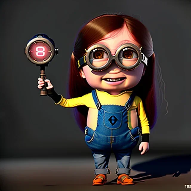 Female Minion toddler, steampunk, full body, red hair, leather jacket, dramatic lighting, hyper realistic