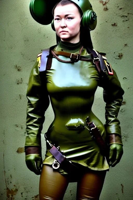 Russian military girl. Army green surfaces body, latex. Steam-punk. Old-fashioned cameras as head. Metallic speakers on ears, Perfect body, thick thighs and calves. simple face. Wide hip, skirt bleats nicely. Asa Akira. Partly symmetrical. Straitjacket. Rusty and decayed background. Steam-plunge air-bottles. Euclidean 3D-tiling walls. 5th dimensional surface structures. Oppressive atmospher