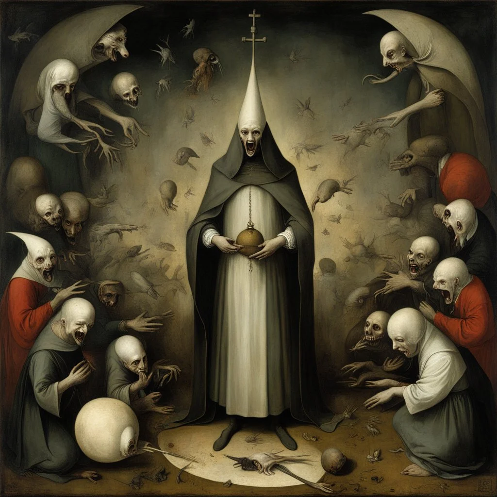 Hieronymus Bosch oil painting titled "Insatiable Hunger of Religious Zealots", plague of nightmare, by Gabriel Pacheco and Otto Rapp, creepy, eerie, imperial colors, dynamic diagonal composition, sinister atmosphere, opulent shadows, creepy, weird, oil matte painting, by Hieronymus Bosch, by Goya