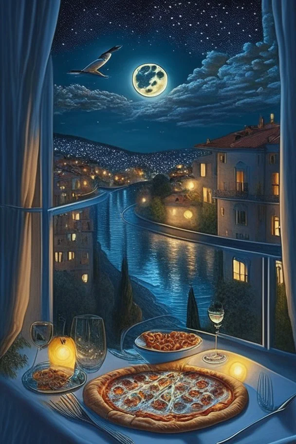 It's a starry night, with a luminous crescent moon, and from the balcony of an elegant luxury apartment, a view of a city with a hill and a river, lights in the windows of the houses. On the balcony, a dining table with a tray with a bird pattern, pizza and wine in starlight