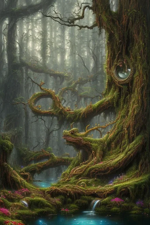 high-quality, fine-detail beautiful, breath-taking forest with gnarled trees, dragon sleeping, flowers, clear reflective lake, tranquil, stunning, 8k resolution, intricate, digital art, detailed matte, volumetric lighting, George Grie, Anne Dittman, Anne Stokes, Lisa Parker, Selina French, Alphonse Mucha