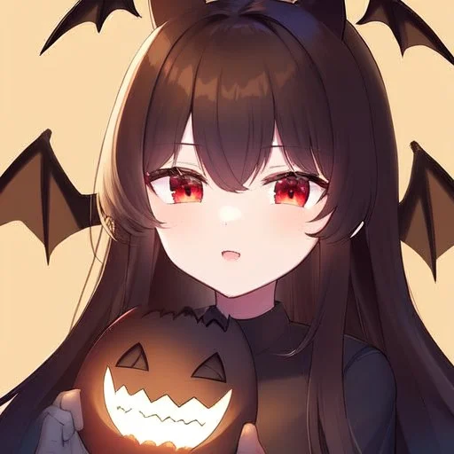 A closeup headshot portrait of a bat demihuman which is a human with bat characteristics. woman with long brown hair, red eyes, brown bat ears and brown bat wings, inside a modern zoo, intricately detailed, cell shaded anime style