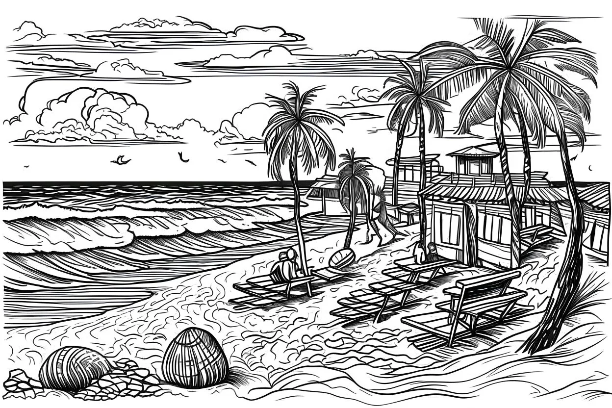 beach life graphic line drawing