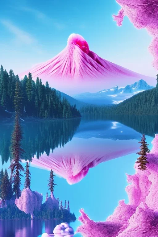  mountain topped with pink ice-cream, lake, trees, mystical, Dada,