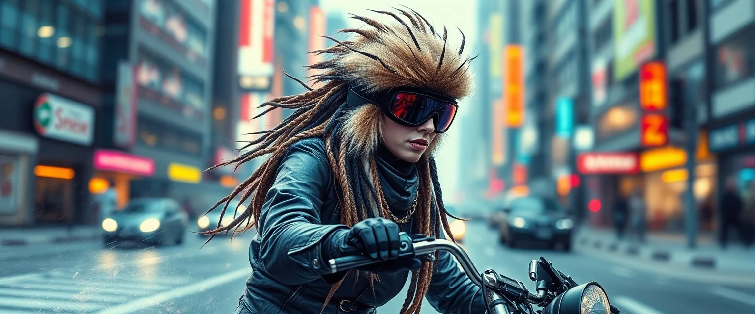 wall poster of transparent biker woman weasel rasta man with cute fur, in big cyberpunk city crossover, volume light and motion blur, airbrush and pen outline