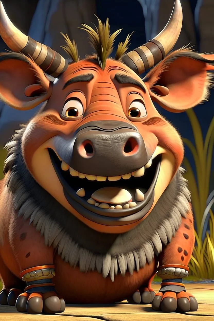 Pumba sitting and smiling with tusks