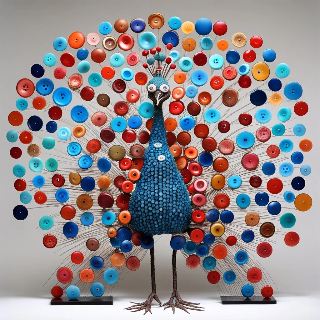 a surrealist sculpture of a peacock made of buttons by artist "Betye Saar",by artist "Meret Oppenheim"