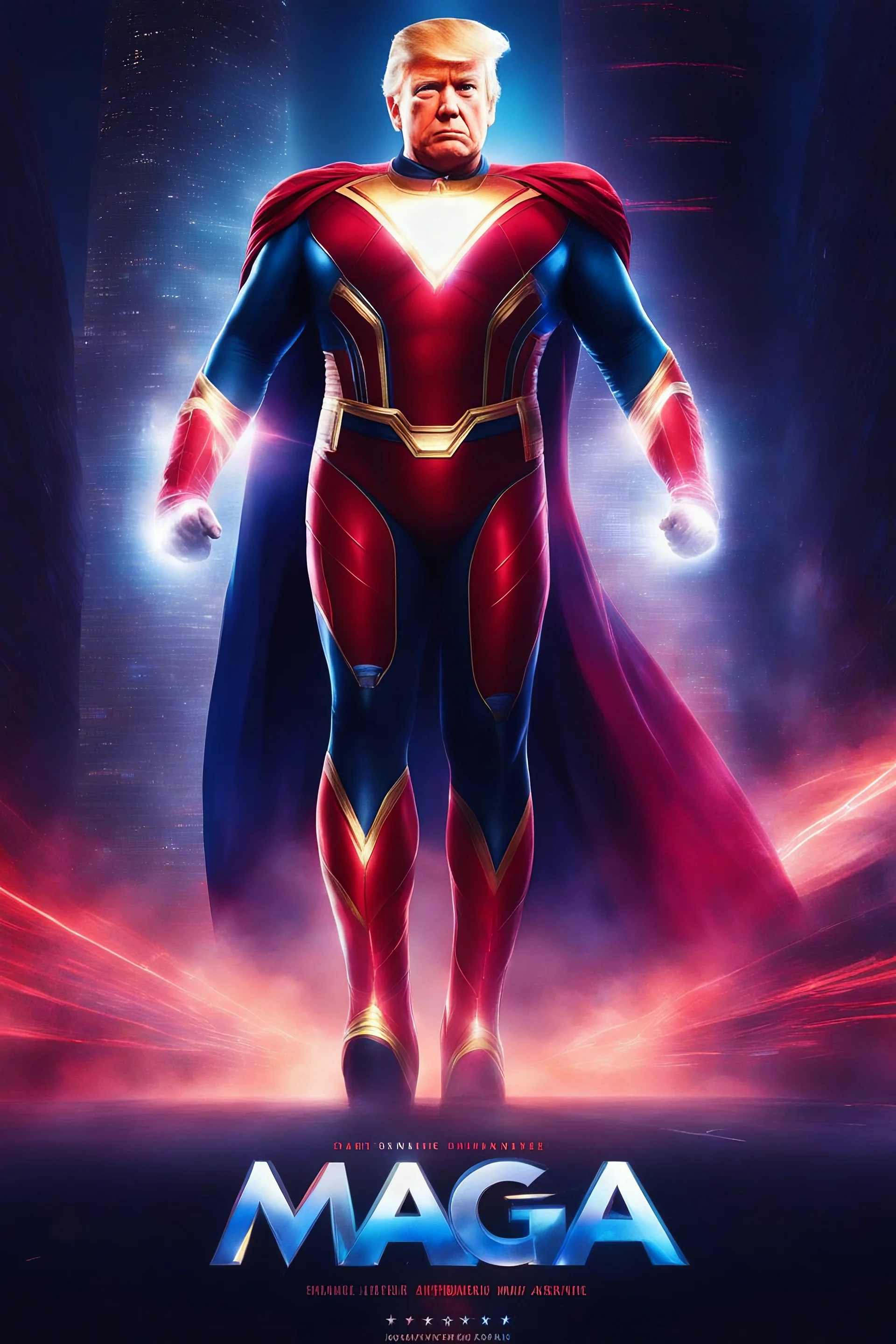 movie poster - "MAGA MAN" - Donald Trump as 'Maga Man,' Extremely Muscular, Skintight, formfitting, crimson bodysuit, blue cape, silver boots, multicolored Lightning, Multicolored vortex, neon lit futuristic cityscape, mist, fog, speed, extremely overexaggerated musculature,