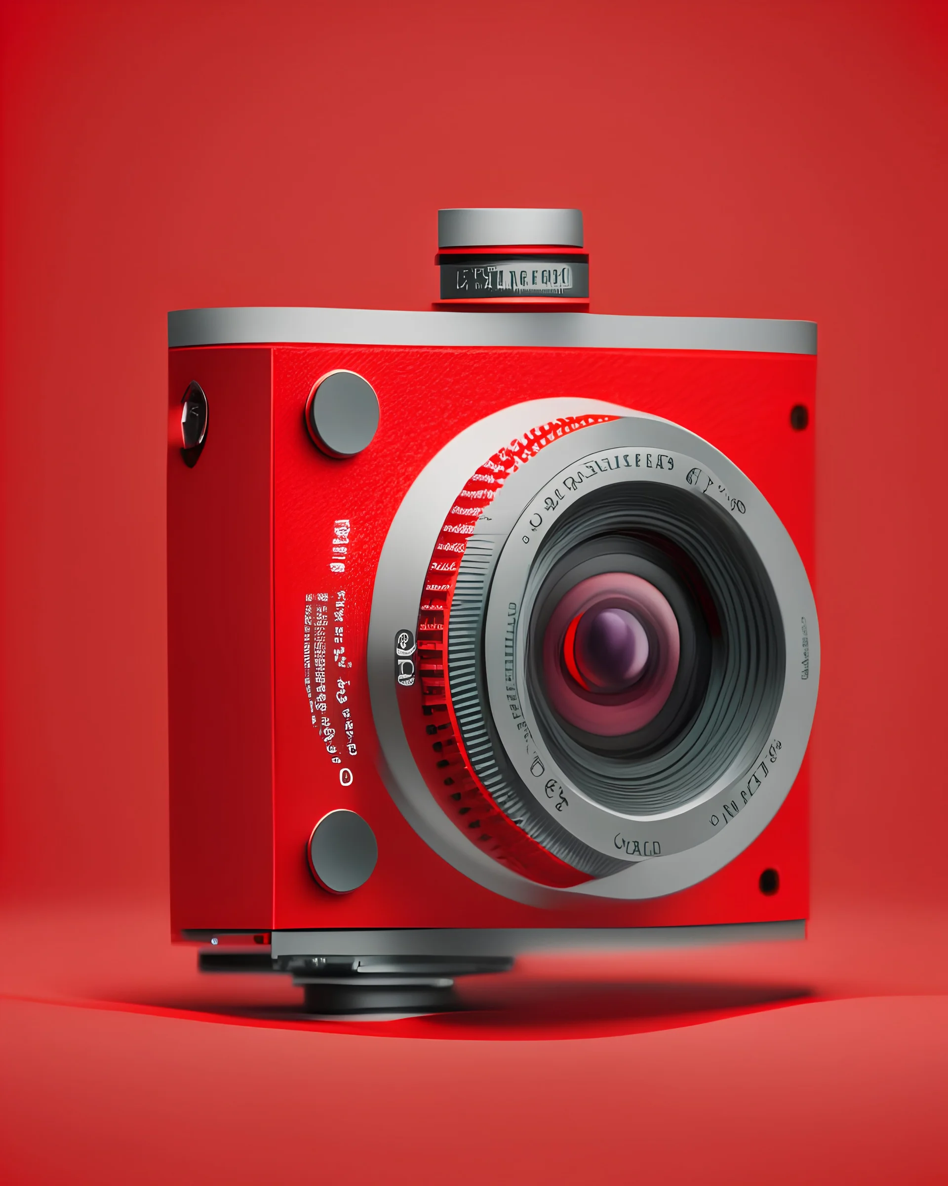 red background,side view product photography of a camera designed by Dieter Rams, circular lens, minimal design, hasselblad, nikon, canon, fuji, leica, studio light, ultra realistic, ultra detailed, small labels, super intricate design, intricate detail, 8k resolution