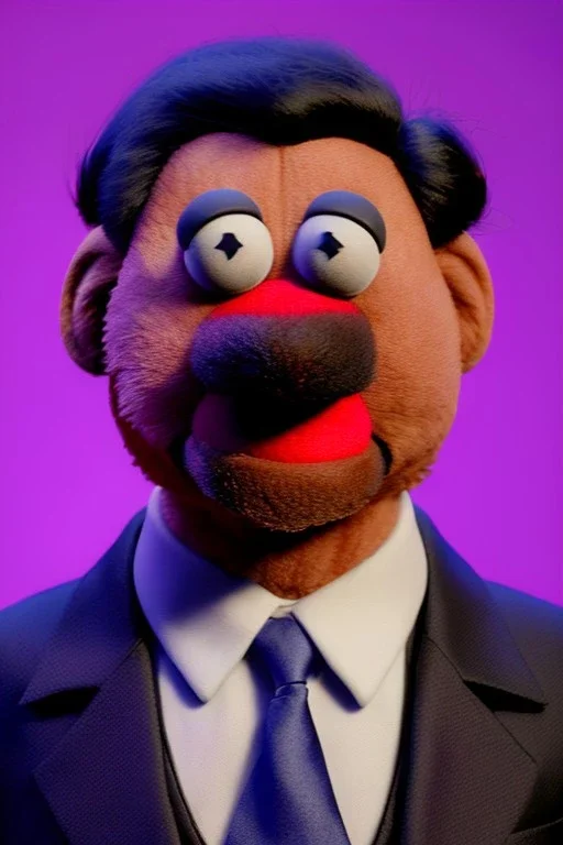 Waist up muppet Portrait, Xi Jinping as muppet doll, black suit and red tie, photo studio, blue background, unreal engine 5, concept art, art station, god lights, ray tracing, RTX, lumen lighting, ultra detail, volumetric lighting, 3d.