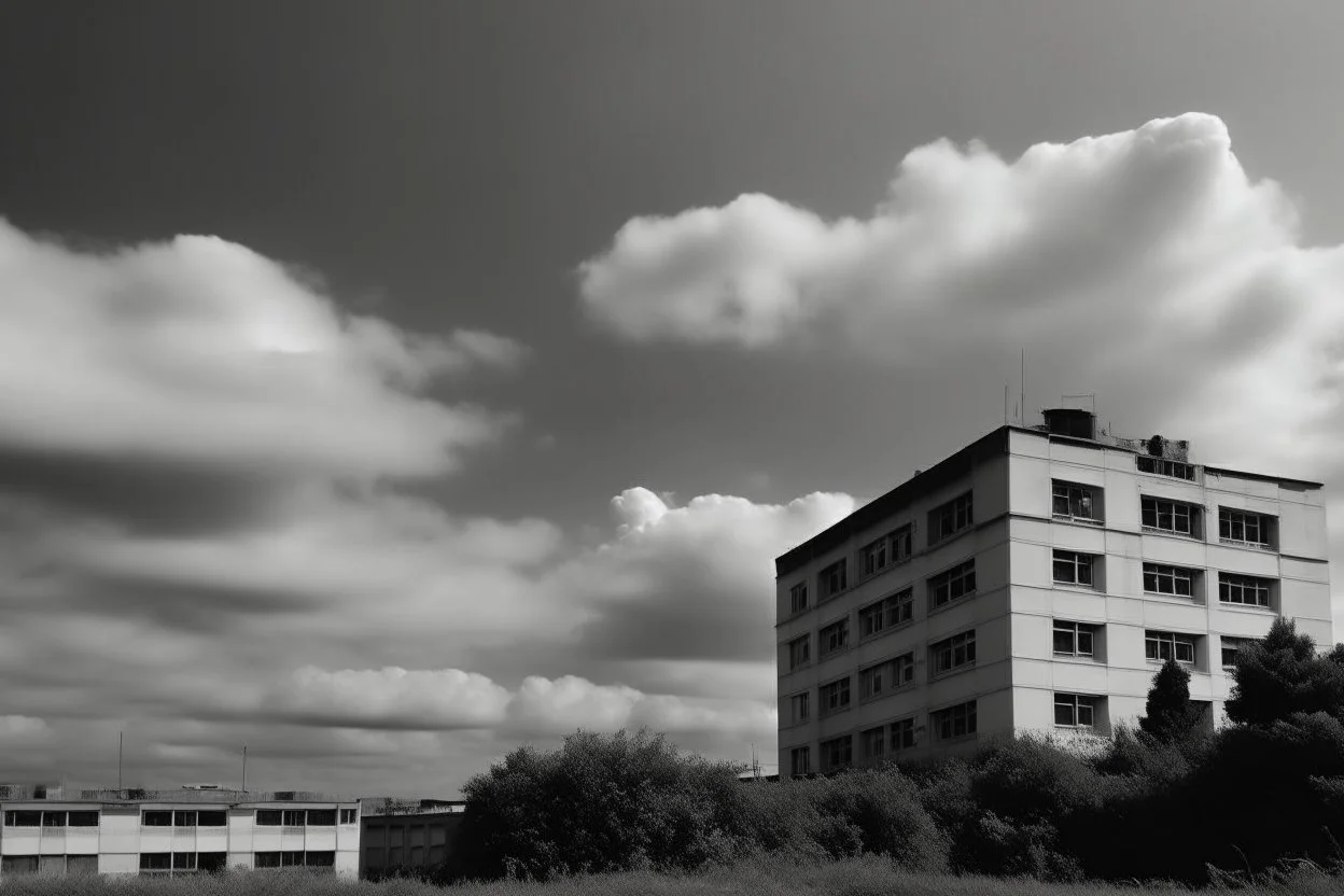 landscape ,minimal ,Photo with an old analog camera. Black and white. Part of a strange dream. white clouds wide plain The big building between them. like pink floyd pigs land scape from a weird dream captured with the first model of dreamrecorder by gnom industries inc