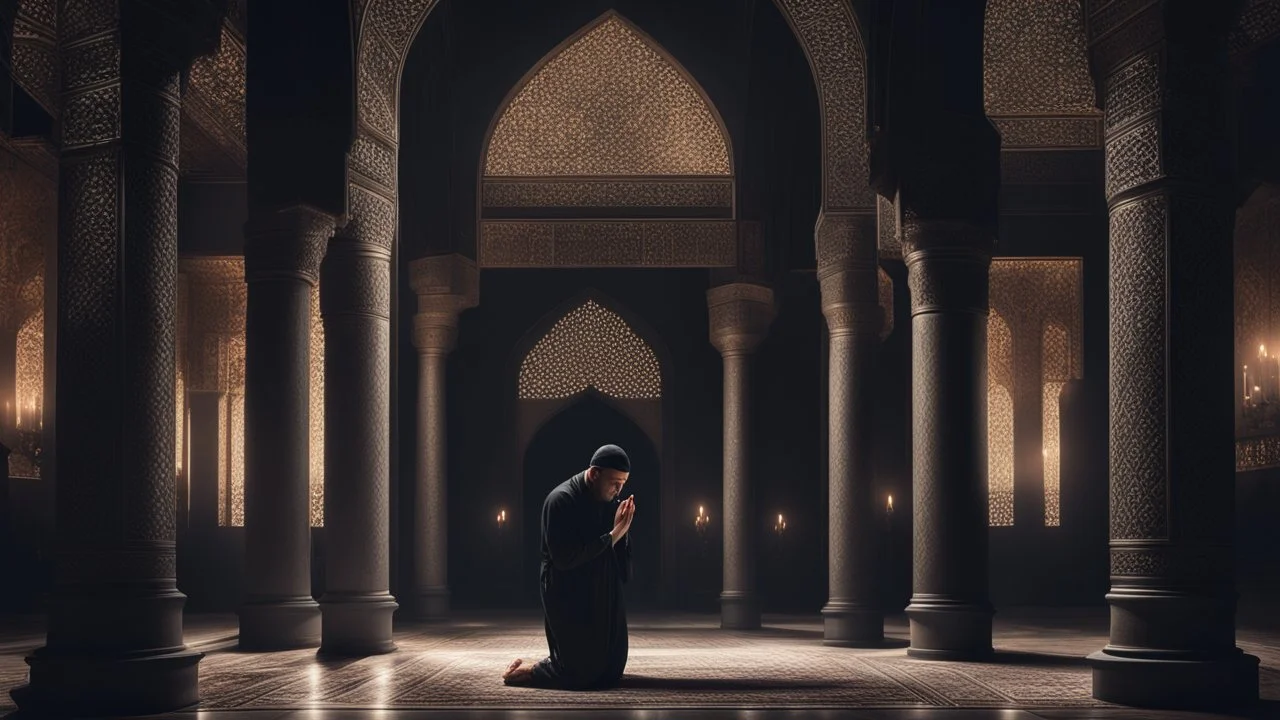 Hyper Realistic photographic view of a man praying-&-crying inside a Beautiful-Dark-Huge-black-Wall-Mosque-with-crafted-pillars-&-a-candle- with light rays from Islamic-Architecture-Windows showing dramatic-&-cinematic-ambiance at night