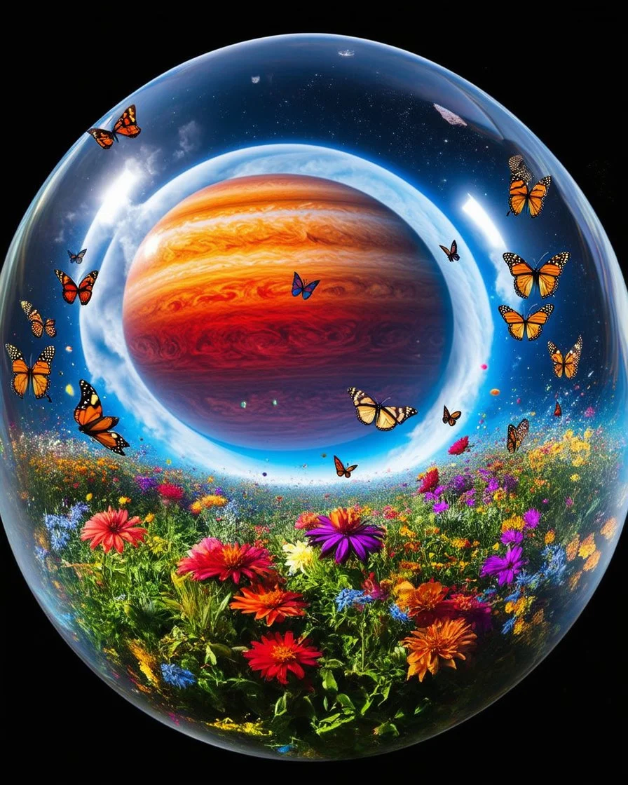 A butterfly garden inside a floating glass sphere orbiting a gas giant: The garden is now contained in a transparent sphere floating in space, orbiting a massive, colorful gas giant planet with swirling storms of red, orange, and purple. The butterflies, with wings of metallic shimmer, fly gracefully through the zero-gravity environment, while enormous, otherworldly flowers bloom inside the sphere. Visitors float gently through the air, surrounded by swirling clouds of pollen