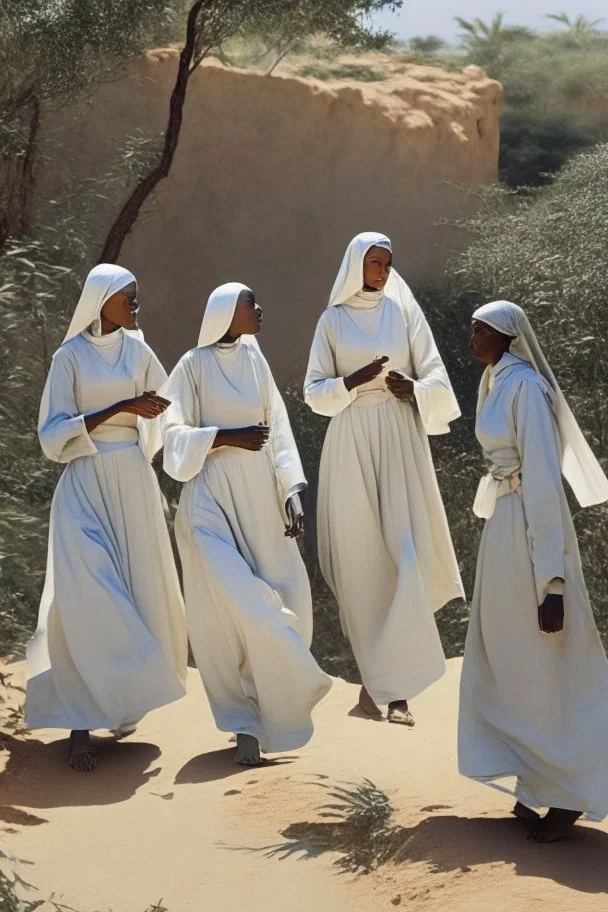 7 suore africane con tunica grigia giornata di sole precipizio fuori città uomo militare bianco giovane, terra rossa
