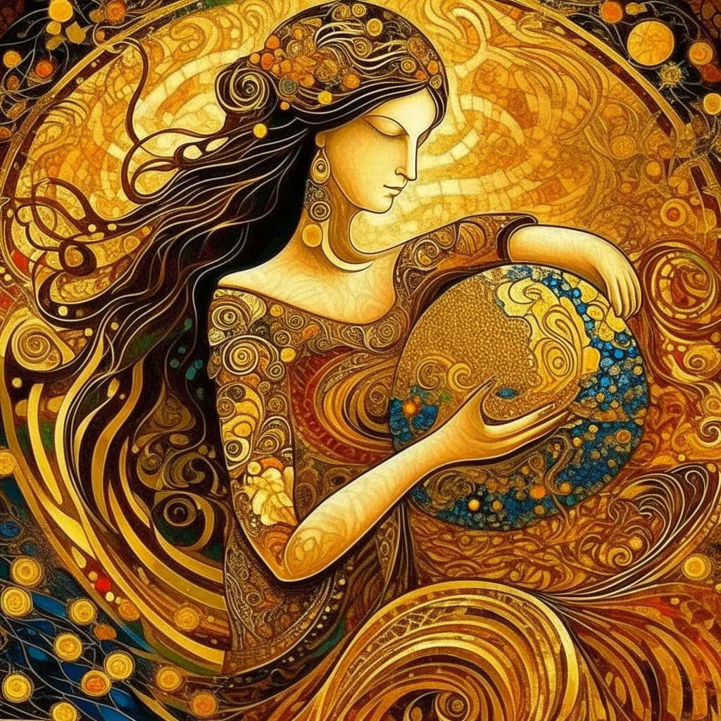 🔥 PROMPT: A stunning painting in the style of Gustav Klimt depicting a woman with long hair in a full-body portrait. The artwork features golden circles and swirls, a shimmering gold leaf background, and rich, detailed colors. This intricate piece exemplifies the Art Deco movement with its masterful design and vibrant elements.