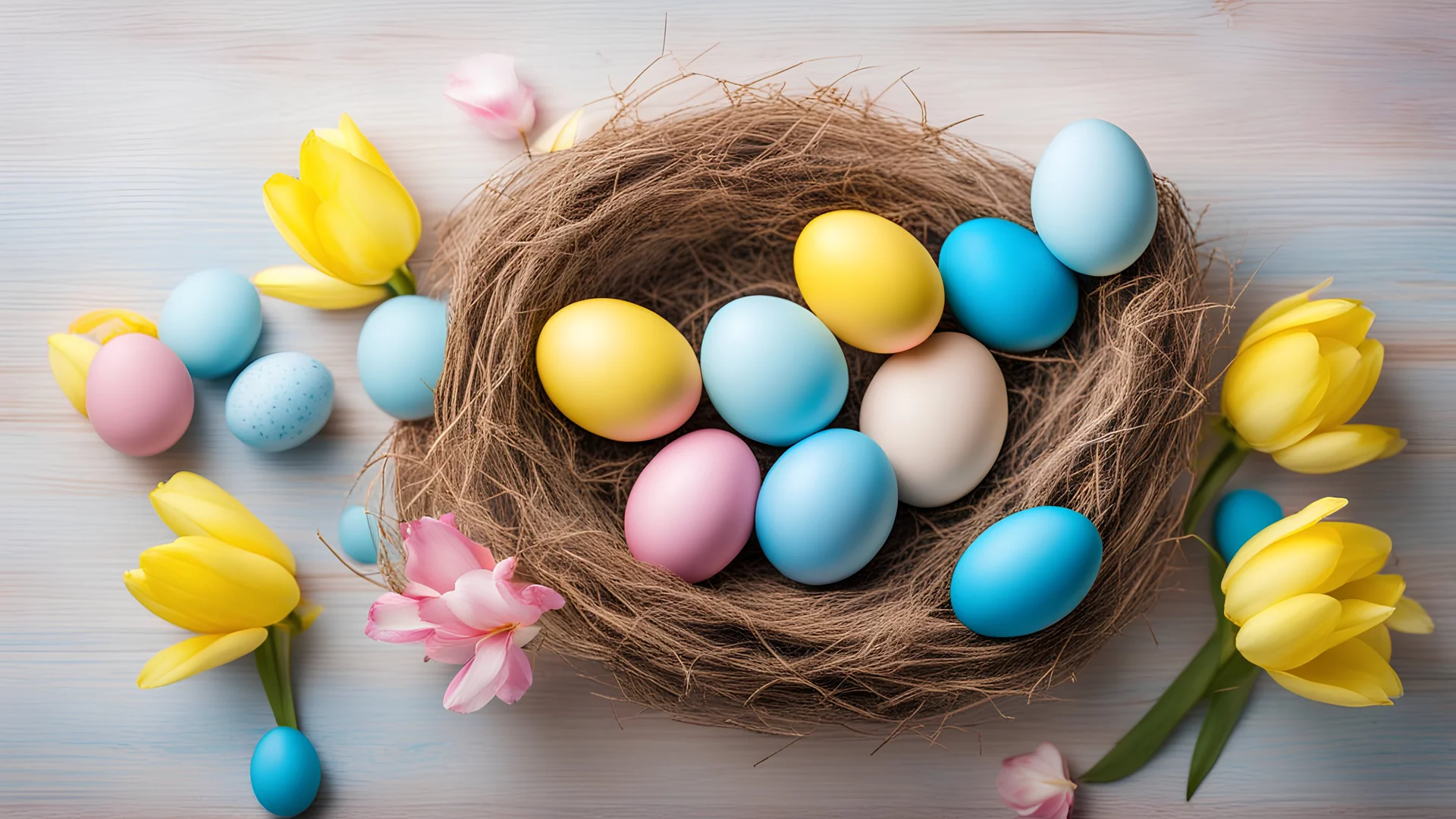 Easter background with blue and pink eggs in nest, gifts and yellow tulips. Top view with copy space