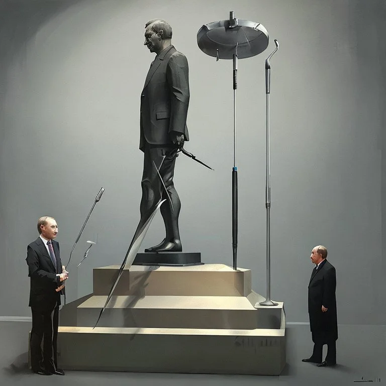 Putin Looking At A Statue Of Xi Jinping,complex surgical instruments,a sickle intermixed with a Axe, prosthetic legs,minimalism,Painting By Adrian Ghenie,Lucian Freud,Rene Magritte,Salvador Dali