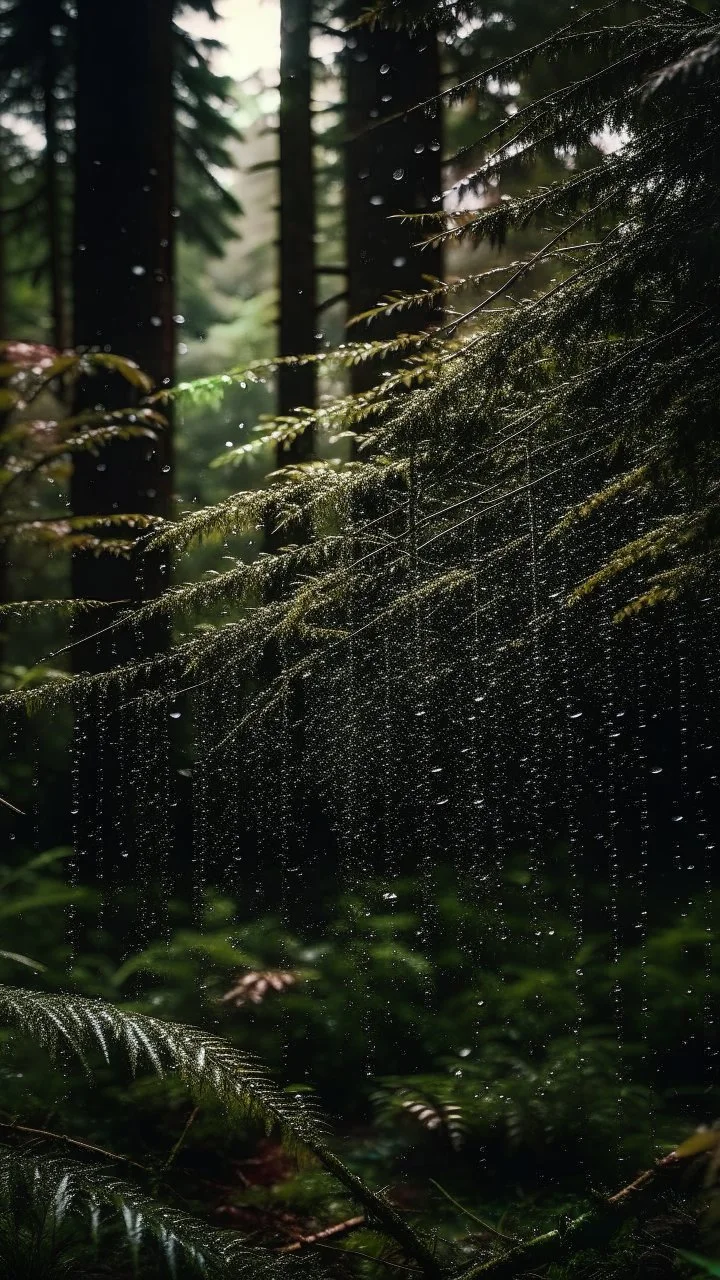 a dramatic scene in a dense forest with A FIR BRUNCH under the rain. The background should feature raindrops falling around the leaves.